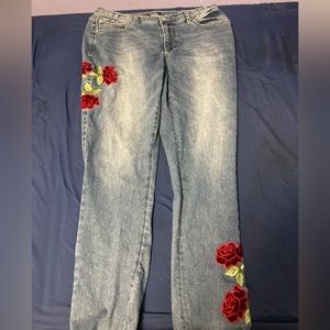 Venus rose embroidered blue jeans